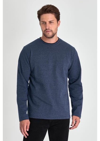 Erkek Indigo Çift Bisiklet Yaka Standart Rahat Kesim Sweatshirt