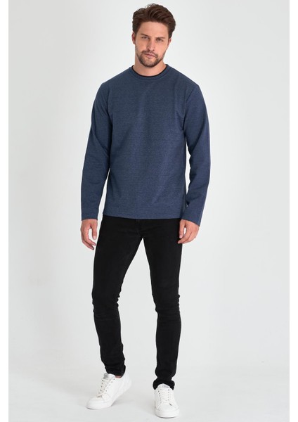 Erkek Indigo Çift Bisiklet Yaka Standart Rahat Kesim Sweatshirt