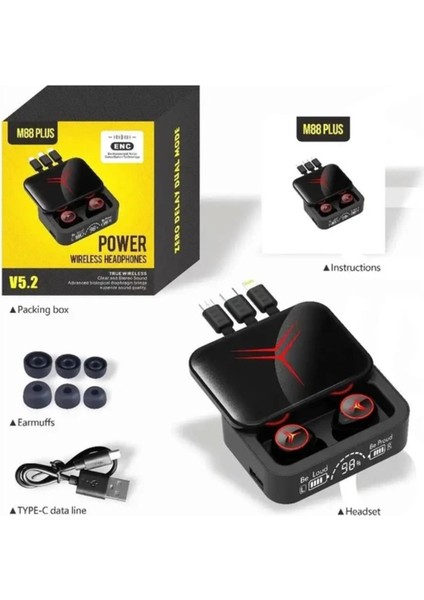 Earbuds Tws M88 Plus Powerbank Kutulu Dijital Göstergeli Bluetooth Kulaklık