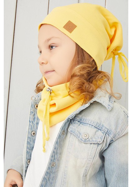 Kız Çocuk Sarı İpli Şapka Bere Boyunluk Takım Pamuklu Kaşkorse