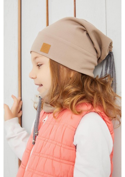 Kız Çocuk Kahverengi İpli Şapka Bere Boyunluk Takım Pamuklu Kaşkorse indirimleri