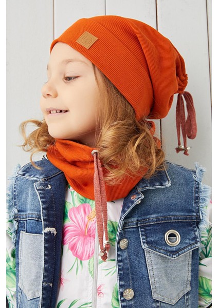 Kız Çocuk Kiremit İp Şapka Bere Boyunluk Takım Pamuklu Kaşkorse