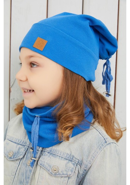 Kız Çocuk Mavi İpli Şapka Bere Boyunluk Takım Pamuklu Kaşkorse