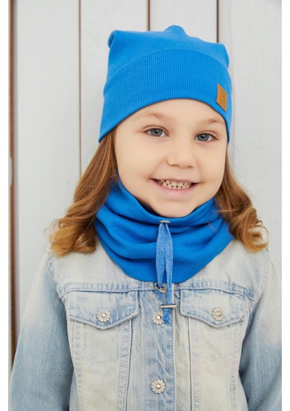 Kız Çocuk Mavi İpli Şapka Bere Boyunluk Takım Pamuklu Kaşkorse fırsatları