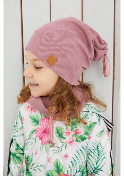 Kız Çocuk Gül Kurusu İpli Şapka Bere Boyunluk Takım Pamuklu Kaşkorse indirimleri