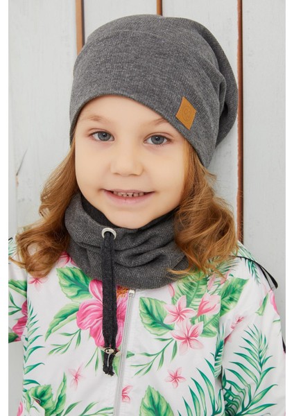 Kız Çocuk Füme İpli Şapka Bere Boyunluk Takım Pamuklu Kaşkorse