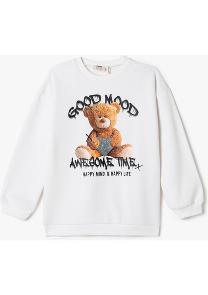 Ayıcık Baskılı Sweatshirt Uzun Kollu Bisiklet Yaka Şardonlu