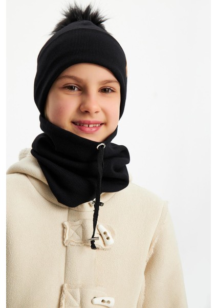 Siyah Kız Çocuk Kürk Ponponlu Şapka Bere Boyunluk Takım Pamuklu Kaşkorse fiyatları