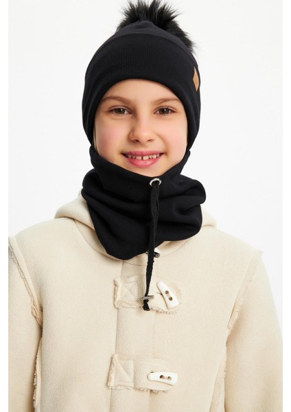 Siyah Kız Çocuk Kürk Ponponlu Şapka Bere Boyunluk Takım Pamuklu Kaşkorse modelleri