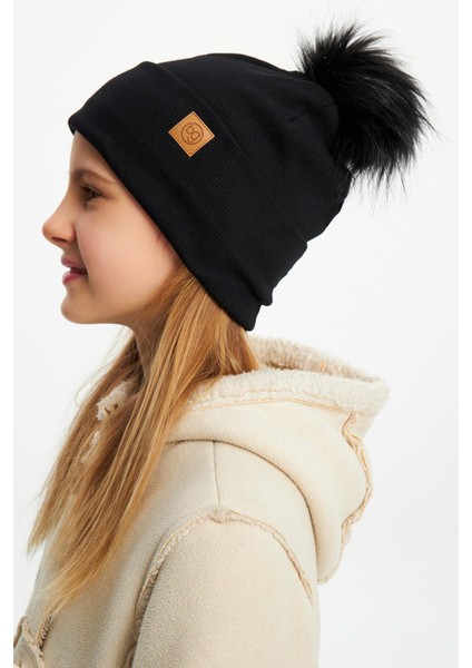 Siyah Kız Çocuk Kürk Ponponlu Şapka Bere Boyunluk Takım Pamuklu Kaşkorse fırsatları