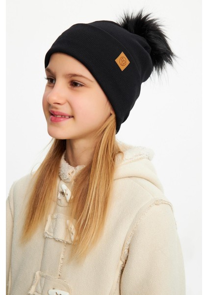 Siyah Kız Çocuk Kürk Ponponlu Şapka Bere Boyunluk Takım Pamuklu Kaşkorse indirimleri