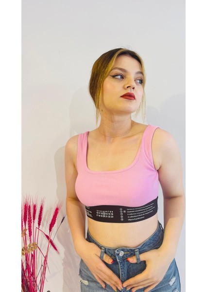 Lastik Detaylı Crop Top Pembe