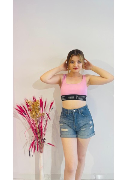 Lastik Detaylı Crop Top Pembe