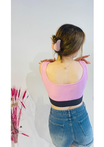 Lastik Detaylı Crop Top Pembe