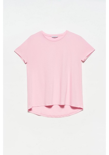 Bisiklet Yaka Basic T-Shirt Toz Pembe