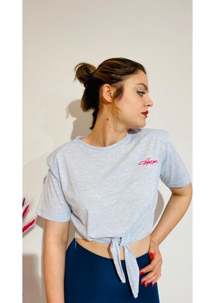 Vatkalı Bağlamalı Crop Tshirt Mavi