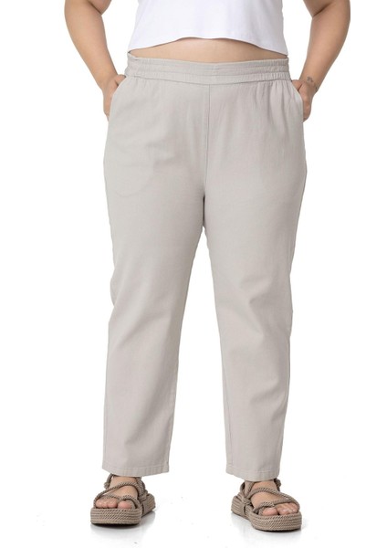 Büyük Beden Beli Lastikli Cepli Gabardin Taş Rengi Pantolon
