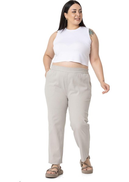 Büyük Beden Beli Lastikli Cepli Gabardin Taş Rengi Pantolon fiyatları