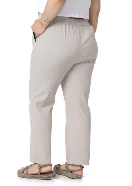 Büyük Beden Beli Lastikli Cepli Gabardin Taş Rengi Pantolon modelleri