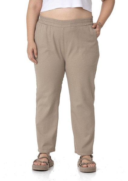 Büyük Beden Beli Lastikli Cepli Gabardin Vizon Pantolon