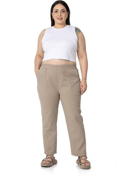 Büyük Beden Beli Lastikli Cepli Gabardin Vizon Pantolon fiyatları