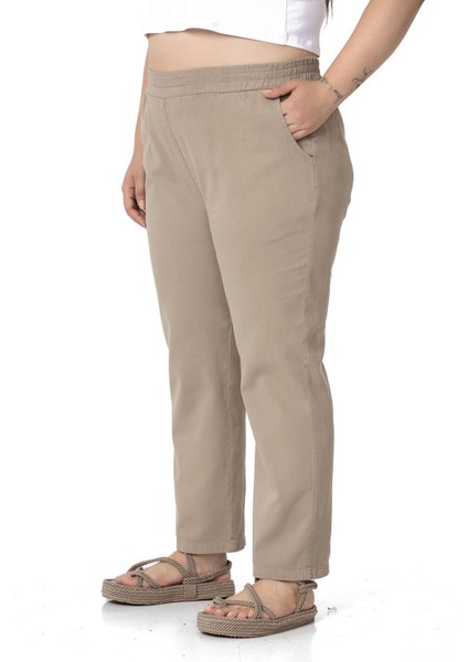 Büyük Beden Beli Lastikli Cepli Gabardin Vizon Pantolon fırsatları