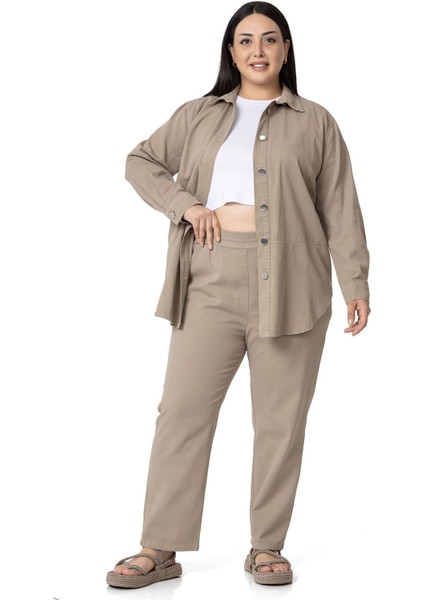 Büyük Beden Beli Lastikli Cepli Gabardin Vizon Pantolon indirimleri