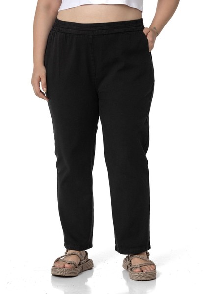 Büyük Beden Beli Lastikli Cepli Gabardin Siyah Pantolon