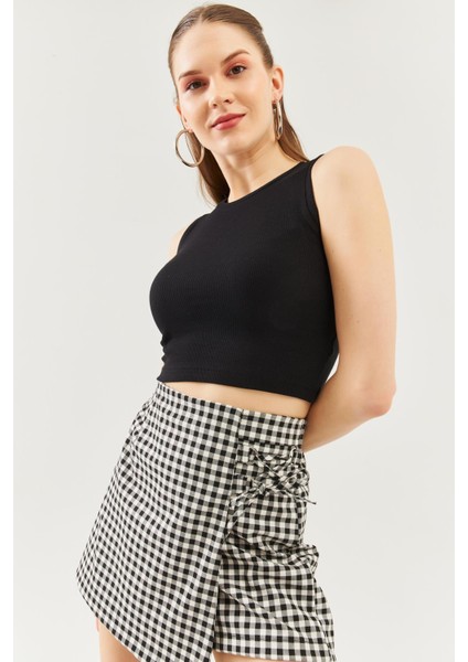 Siyah Sıfır Kol Bisiklet Yaka Vucuda Oturan %100 Pamuklu Kaşkorse Esnek Crop Bluz fiyatları