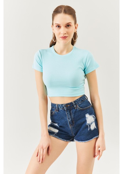 Aqua Kısa Kol Bisiklet Yaka Vücuda Oturan %100 Pamuklu Kaşkorse Esnek Crop Bluz