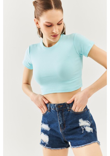 Aqua Kısa Kol Bisiklet Yaka Vücuda Oturan %100 Pamuklu Kaşkorse Esnek Crop Bluz