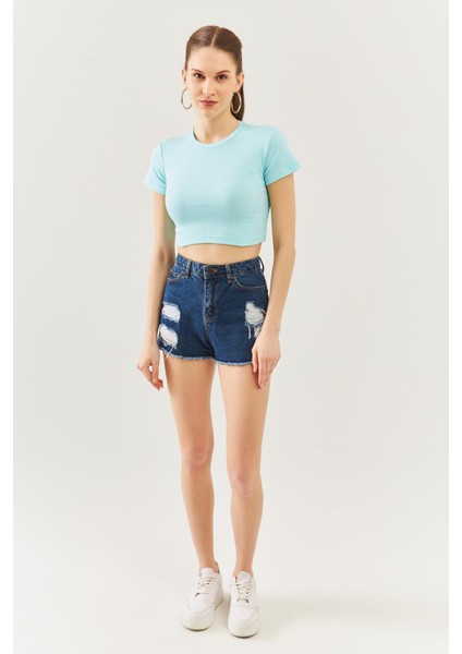Aqua Kısa Kol Bisiklet Yaka Vücuda Oturan %100 Pamuklu Kaşkorse Esnek Crop Bluz