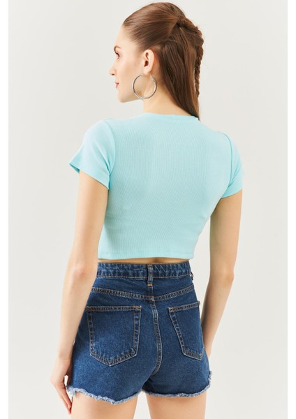 Aqua Kısa Kol Bisiklet Yaka Vücuda Oturan %100 Pamuklu Kaşkorse Esnek Crop Bluz