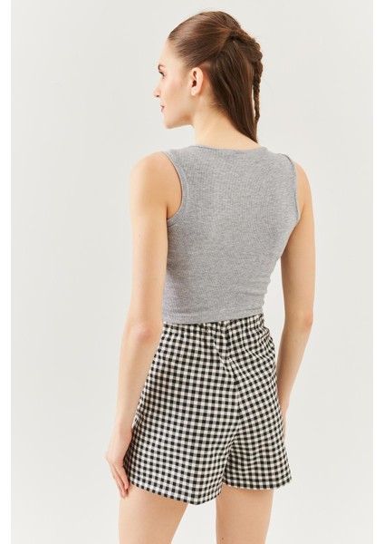 Gri Sıfır Kol Bisiklet Yaka Vucuda Oturan %100 Pamuklu Kaşkorse Esnek Crop Bluz indirimleri