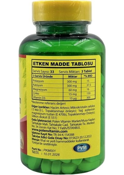 Potassium Calcium Magnesium Zinc Vitamin D3 100 Tablet Potasyum Kalsiyum Magnezyum Çinko fiyatları