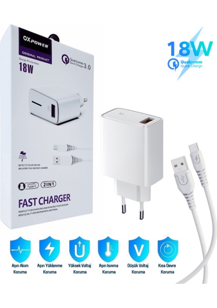 Casper Via M30 Uyumlu 18W 3.4A Type-C Ultra Hızlı Şarj Cihazı / Şarj Aleti Seti (Adaptör+Kablo) - İthalatçı Garantili