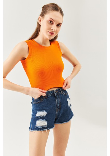 Turuncu Sıfır Kol Bisiklet Yaka Vücuda Oturan %100 Pamuklu Kaşkorse Esnek Crop Bluz