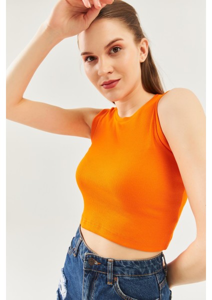 Turuncu Sıfır Kol Bisiklet Yaka Vücuda Oturan %100 Pamuklu Kaşkorse Esnek Crop Bluz fiyatları