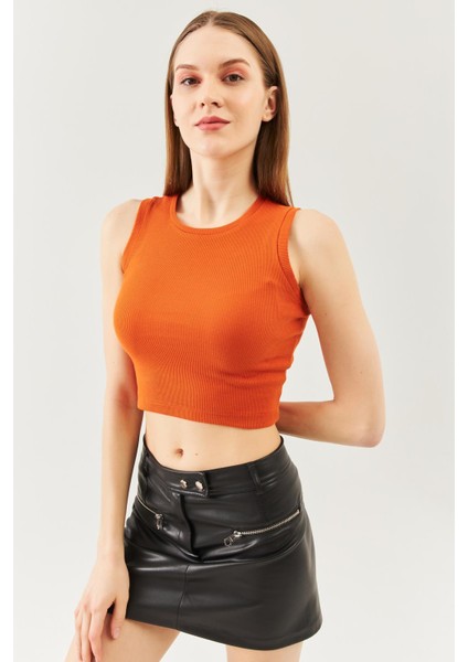 Kiremit Sıfır Kol Bisiklet Yaka Vucuda Oturan %100 Pamuklu Kaşkorse Esnek Crop Bluz