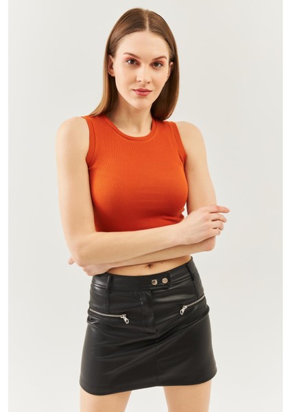 Kiremit Sıfır Kol Bisiklet Yaka Vucuda Oturan %100 Pamuklu Kaşkorse Esnek Crop Bluz fiyatları