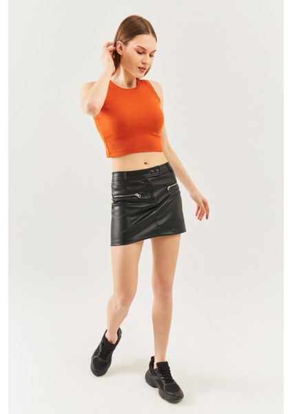 Kiremit Sıfır Kol Bisiklet Yaka Vucuda Oturan %100 Pamuklu Kaşkorse Esnek Crop Bluz modelleri