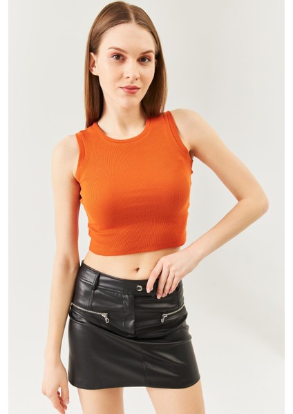 Kiremit Sıfır Kol Bisiklet Yaka Vucuda Oturan %100 Pamuklu Kaşkorse Esnek Crop Bluz fırsatları