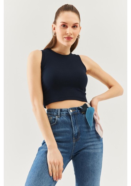 Lacivert Sıfır Kol Bisiklet Yaka Vucuda Oturan %100 Pamuklu Kaşkorse Esnek Crop Bluz