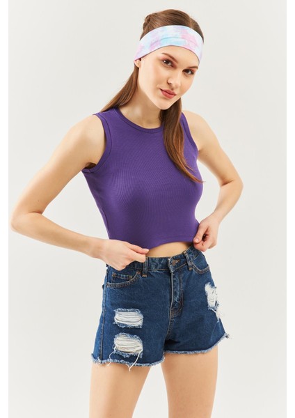 Mor Sıfır Kol Bisiklet Yaka Vücuda Oturan %100 Pamuklu Kaşkorse Esnek Crop Bluz