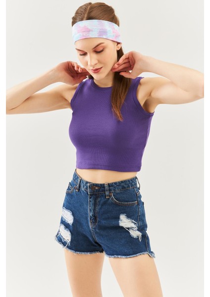 Mor Sıfır Kol Bisiklet Yaka Vücuda Oturan %100 Pamuklu Kaşkorse Esnek Crop Bluz fiyatları