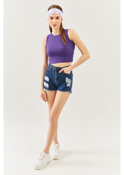 Mor Sıfır Kol Bisiklet Yaka Vücuda Oturan %100 Pamuklu Kaşkorse Esnek Crop Bluz modelleri