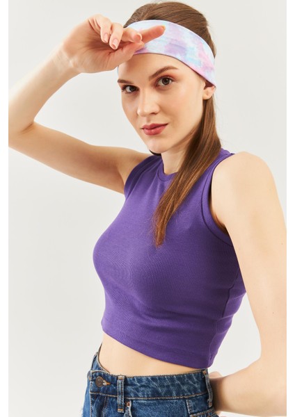 Mor Sıfır Kol Bisiklet Yaka Vücuda Oturan %100 Pamuklu Kaşkorse Esnek Crop Bluz fırsatları