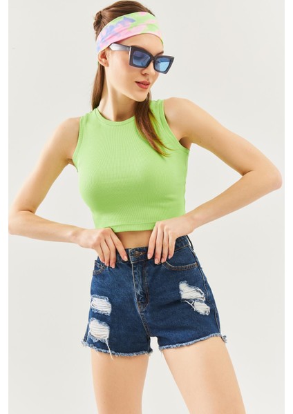 Fıstık Yeşili Sıfır Kol Bisiklet Yaka Vücuda Oturan %100 Pamuklu Kaşkorse Esnek Crop Bluz fiyatları