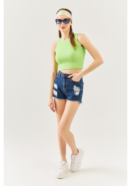 Fıstık Yeşili Sıfır Kol Bisiklet Yaka Vücuda Oturan %100 Pamuklu Kaşkorse Esnek Crop Bluz modelleri