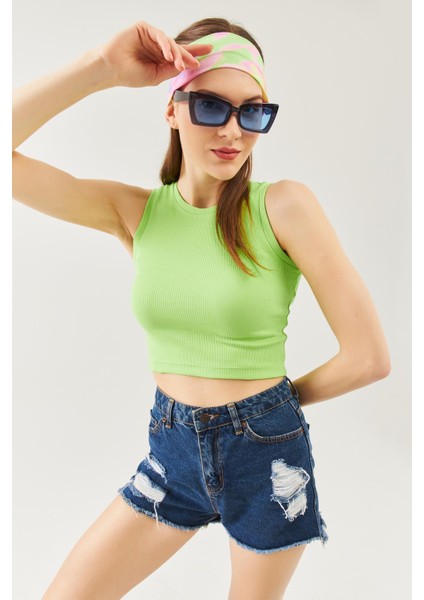 Fıstık Yeşili Sıfır Kol Bisiklet Yaka Vücuda Oturan %100 Pamuklu Kaşkorse Esnek Crop Bluz fırsatları